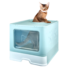 哈囉毛孩 可折疊封閉式雙門貓砂盆 附貓砂鏟, 藍綠色, 1個