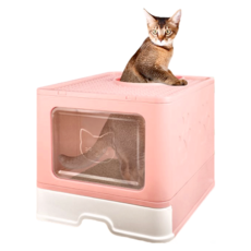 哈囉毛孩 可折疊封閉式雙門貓砂盆 附貓砂鏟, 粉紅色, 1個