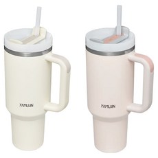 YAMUJIN Mega Mug 大容量手柄吸管不鏽鋼隨行杯 2件組, 1套, 奶油白 + 玫瑰石英粉, 1.2L