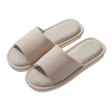 日式直條紋亞麻居家男女室內拖鞋, 卡其色, 1雙