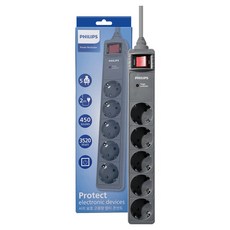 PHILIPS 飛利浦 突波保護 Pro 高容量過載斷路 16A 250V 5孔延長線 CHP6252WA, 灰色, 1個, 2m