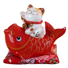 摩達客 春節開運招財 年年有魚躍龍門招財貓 含坐墊, 紅色