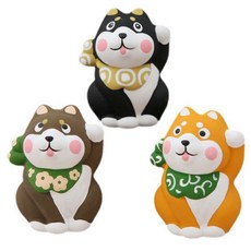 MODACore 摩達客 祈願招福 超萌三色柴犬狗迷你陶瓷開運擺飾3件組, 黑色 + 棕色 + 黃色