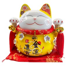 摩達客 春節開運招財貓 金運進寶招財貓 含坐墊 開運招財、居家裝飾, 8.5吋(22 x 19 x 21cm), 黃色