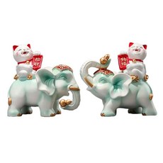 摩達客 高級精緻納福招財貓吉祥大象對組擺飾, 淺綠色