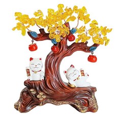 摩達客 開運招財情侶招財貓擺飾 金錢樹木紋 居家辦公室裝飾, 白色/棕色, 26 x 11.5 x 29cm