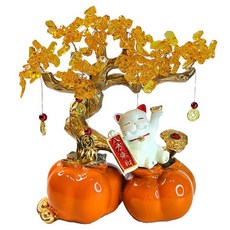 摩達客 開運招財 雙份柿柿如意八方來財招財貓金錢樹擺飾, 橘色