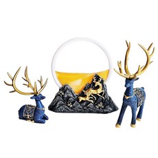 摩達客 開運招財金角麋鹿情深立體創意流沙畫擺飾三件組, 雪花藍綠金角 + 橙色