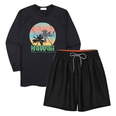 일루소 남성용 하와이아메리칸 오버핏 긴팔 래쉬가드 + 4부 스판 비치 팬츠 세트, 블랙(상의), 블랙(하의)