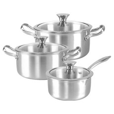 WONHA 電磁爐通用全不鏽鋼鍋具3件組, 銀色, 1套, 單柄鍋 16cm + 雙耳鍋 20cm + 湯鍋 24cm