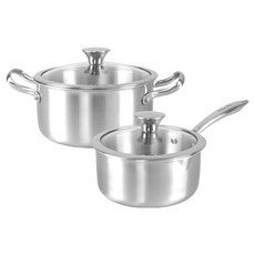 WONHA 電磁爐通用全不鏽鋼鍋具2件組, 銀色, 1套, 單柄鍋 16cm + 雙耳鍋 20cm