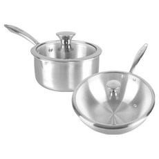 WONHA 電磁爐通用全不鏽鋼鍋具平底鍋2件組, 銀色, 1套, 單柄鍋 16cm + 深炒鍋 28cm