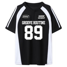 ILLUSO 男女通用 Jersey Routine89 雙線條寬鬆版型撞色V領短袖T恤, 黑色