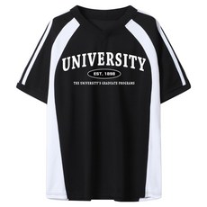 ILLUSO 男女通用運動衫大學風雙線寬鬆撞色V領短袖T恤, 黑色