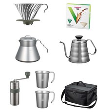 HARIO 好璃奧 戶外咖啡全套組, 1套, 濾杯 + 咖啡濾紙 + 咖啡壺 + 手沖壺 + 收納袋 + 磨豆機 + 咖啡杯2入