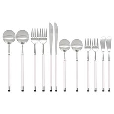 Bogen 雙色西式餐具兩人份全套組, 1套, 主餐匙 2p + 主餐叉 2p + 主餐刀 2p + 甜點匙 2p + 沙拉叉 2p + 奶油刀 2p, 銀色 + 白色, 銀色 + 白色