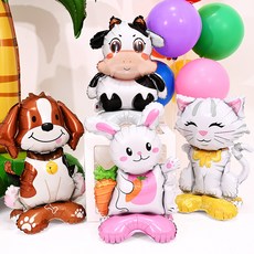 PARTYSHOW 立式動物鋁箔氣球 貓咪 + 小狗 + 乳牛 + 兔子 A套組, 1套, 混合色