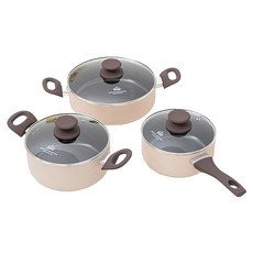 Nordic Kitchen 奶油色IH電磁爐陶瓷鍋具3件組, 1套, 18cm單柄鍋 + 20cm雙耳鍋 + 24cm淺燉鍋, 米色