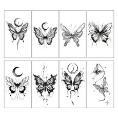 gelluna 半永久時尚黑色蝴蝶造型DIY身體點綴紋身貼紙8件組, T-193, 1套