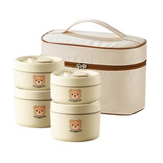 日式萌趣304不鏽鋼保溫飯盒4件組 多層分隔 附保溫袋, 小熊, 1組