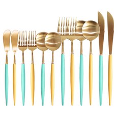 Bogen Bijou 2人西餐餐具全12件組, 1套, 主餐匙 2p + 主餐叉 2p + 主餐刀 2p + 點心匙 2p + 點心叉 2p + 奶油刀 2p, 金色薄荷綠, 金色活力黃