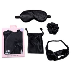 Skyweeds 高級絲質睡眠眼罩 + 髮帶 + 髮圈 + 收納袋套組 3號 黑色, 1套