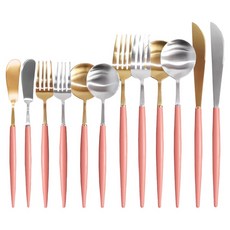 Bogen Bijou 2人西餐餐具全12件組, 1套, 主餐匙 2p + 主餐叉 2p + 主餐刀 2p + 點心匙 2p + 點心叉 2p + 奶油刀 2p, 金色珊瑚色, 緞面珊瑚色