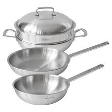 Montreux 電磁爐適用 316五層複合鋼 派對炒鍋 不鏽鋼平底鍋 中式炒鍋 套組, 銀色, 1套, 派對炒鍋 28cm + 不鏽鋼平底鍋 28cm + 不鏽鋼中式炒鍋 24cm