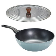 CHEFLINE 義大利 IH 宮廷鍋 26cm + 木柄不鏽鋼平底鍋打孔鍋蓋 22~28cm 套組 天空藍, 1套