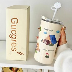 Gucgres 浪漫可愛雙飲316不鏽鋼保溫杯 米色露營熊 480ml, 1個