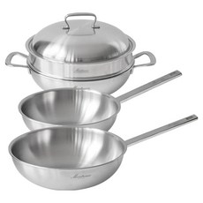 Montreux 電磁爐適用 316五層複合鋼 中式蒸鍋 + 中式炒鍋 3件套組, 銀色, 1套, 中式蒸鍋 28cm + 中式炒鍋 24cm + 中式炒鍋 28cm