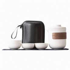 陶瓷旅行便攜茶具組 一壺四杯, 茶壺 + 濾網 + 品茗杯 4個 + 茶巾 + 收納包, 1組, 白色