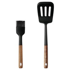 Eazysili Nova 木柄矽膠廚具2件組, 1套, 油刷 + 網狀鍋鏟, 黑色 + 木色