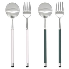 Bogen 雙色餐具2人份甜點湯匙叉子組, 1套, 頭部(銀色), 握柄(白色, 橄欖綠), 甜點湯匙 2p + 沙拉叉 2p