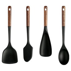 Easy Silly Nova 木柄矽膠烹飪廚具4件組, 1套, 鍋鏟 + 刮刀 + 多功能匙 + 炒匙, 黑色 + 木質