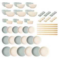 HappyJung 韓國 Mongle 6人餐具組 48件, 8種, 1套, 天藍色 + 奶油色