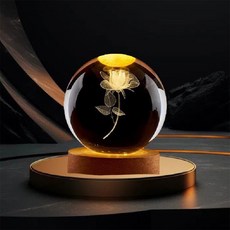 ALL SPLENDID 單朵玫瑰花 水晶球 6cm + USB實木燈座 7 x 2cm, 單色暖光