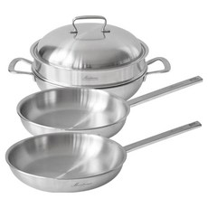 Montreux 韓一不鏽鋼 Montreux 316 五層複合平底鍋具組 適用電磁爐, 銀色, 1套, 28cm 韓式深炒鍋 + 24cm 不鏽鋼平底鍋 + 28cm 不鏽鋼平底鍋