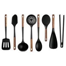이지실리 Nova 木柄矽膠廚具8件組, 漏鏟 + 湯勺 + 炒匙 + 多功能勺 + 刮刀 + 漏勺 + 飯勺 + 食物夾, 1套, 黑色 + 木色