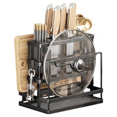 JAR嚴選 免釘廚房多功能筷子刀具收納瀝水架 附砧板蓋子架, 黑色, 1個