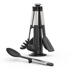 Joseph Joseph Elevate系列 不沾桌矽膠料理鏟杓5件組 附旋轉底座, 1組, 瀝油鍋鏟 + 瀝油湯匙 + 湯匙 + 義大利麵杓 + 湯杓 +旋轉底座, 銀色/黑色