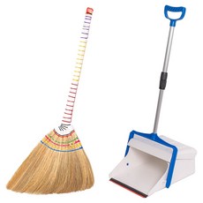 크린메이트 W특갈대 빗자루 + 2단 자동 쓰레받기 세트, 1세트, 혼합색상