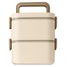couselect 韓式風可微波雙層便當盒 304不鏽鋼保溫飯盒 學生手提午餐盒 12.5 x 12.5 x 14cm 1.4L, 米白色, 1個