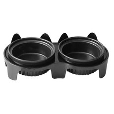 寵物陶瓷碗 14號條紋雙碗 + 塑膠架, 黑色, 1組