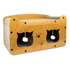 哈囉毛孩 輕奢華雙層雙洞口 貓抓板貓屋 雙貓頭款, 實木色, 1個