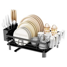LIVREEKA 排水碗盤瀝水架 附杯架 43 x 33 x 15 cm, 1個, 黑色, 1層