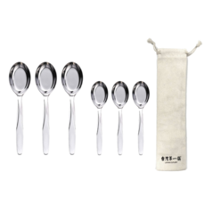 台灣第一筷 台灣湯組 大湯 3支 + 小湯 3支 + 白色棉麻束口袋, 1組, 不鏽鋼色