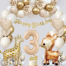 BYOORABYOO 野生動物園長頸鹿動物生日快樂氣球套組, 1套, 奶油色, 金色, 白色(數字 3)