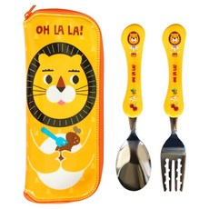 유아용 스푼 + 기능성 포크 + 케이스 세트 사자, 옐로우, 스푼 + 포크 + 케이스