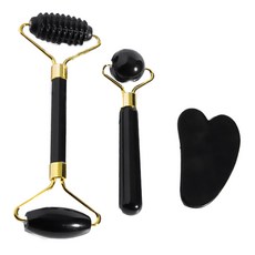 蕉蕉購物 天然黑玉按摩滾輪刮痧美容3件組, 臉部按摩, 刮痧板, 美容工具, 1組, 黑色